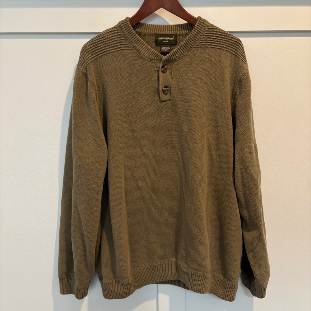 Eddie Bauer Cotton Knit Henley Sweater Men XL Olive Green Rib Collar Outdoor Y2K